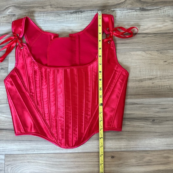 Red Satin Corset Tie Front Adjustable Lace-up Back Bustier Shapewear V-Shape Top - Picture 9 of 11